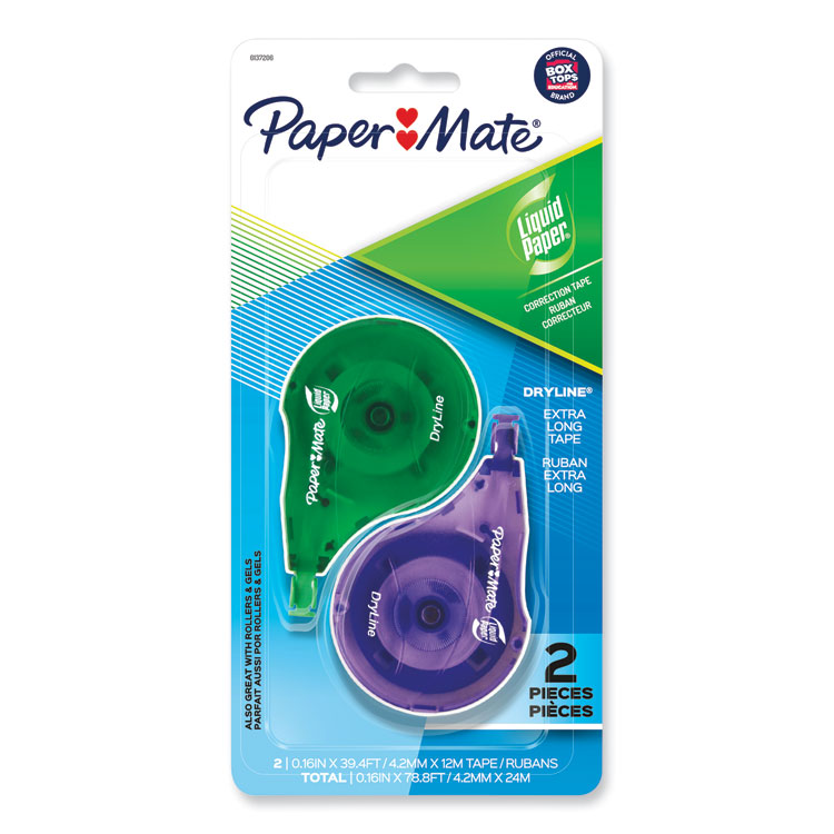 Paper Mate Liquid Paper DryLine Correction Tape, Non-Refillable, Green/Purple Applicators, 0.17" x 472", 2/Pack (PAP6137206)