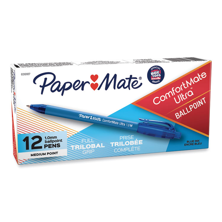 Paper Mate ComfortMate Ultra Ballpoint Pen, Retractable, Medium 1 mm, Blue Ink, Blue Barrel, Dozen (PAP6310187)
