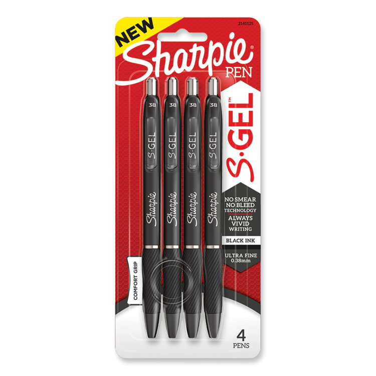 Sharpie S-Gel S-Gel High-Performance Gel Pen, Retractable, Extra-Fine 0.38 mm, Black Ink, Black Barrel, 4/Pack (SAN2141125)