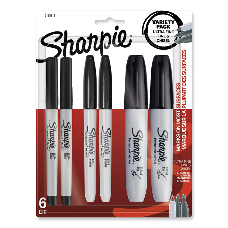 Sharpie Mixed Point Size Permanent Markers, Assorted Tip Sizes/Types, Black, 6/Pack (SAN2135318)