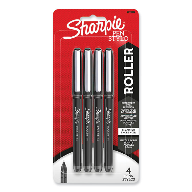 Sharpie Roller Professional Design Rollerball Pen, Stick, Fine 0.5 mm, Black Ink, Black Barrel, 4/Pack (SAN2093222)