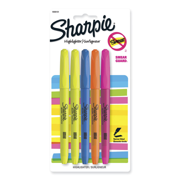 Sharpie Pocket Style Highlighters, Assorted Ink Colors, Chisel Tip, Assorted Barrel Colors, 5/Set (SAN1908101)