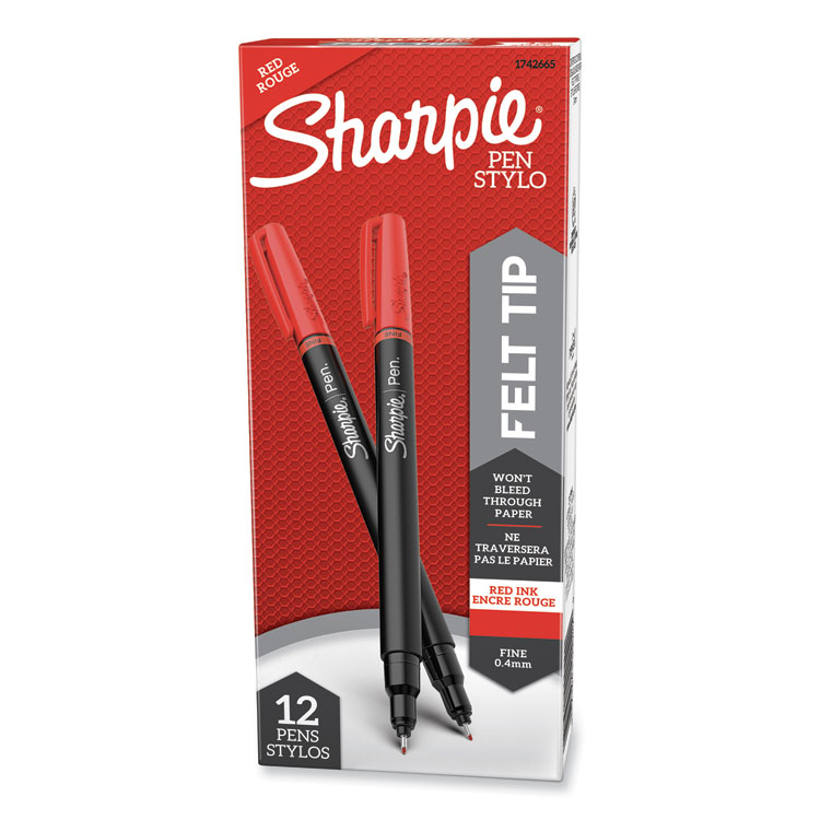 Sharpie Water-Resistant Ink Porous Point Pen, Stick, Fine 0.4 mm, Red Ink, Black/Red Barrel, Dozen (SAN1742665)