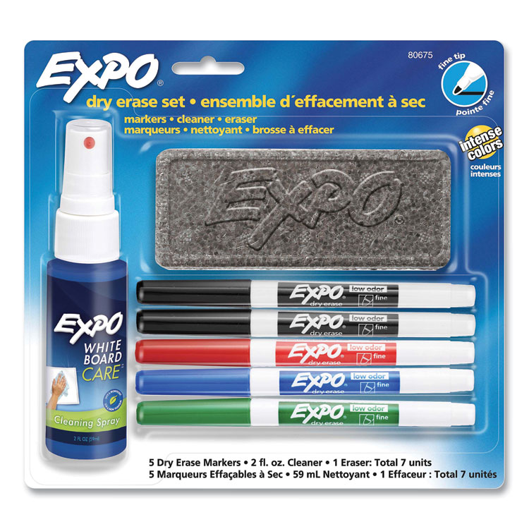 EXPO Dry Erase Marker, Eraser and Cleaner Kit, Fine Bullet Tip, Assorted Colors, 5/Set (SAN80675A)