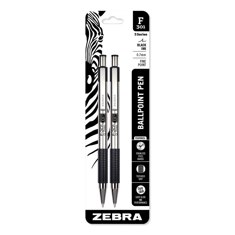Zebra F-301 Ballpoint Pen, Retractable, Fine 0.7 mm, Black Ink, Stainless Steel/Black Barrel, 2/Pack (ZEB27112)
