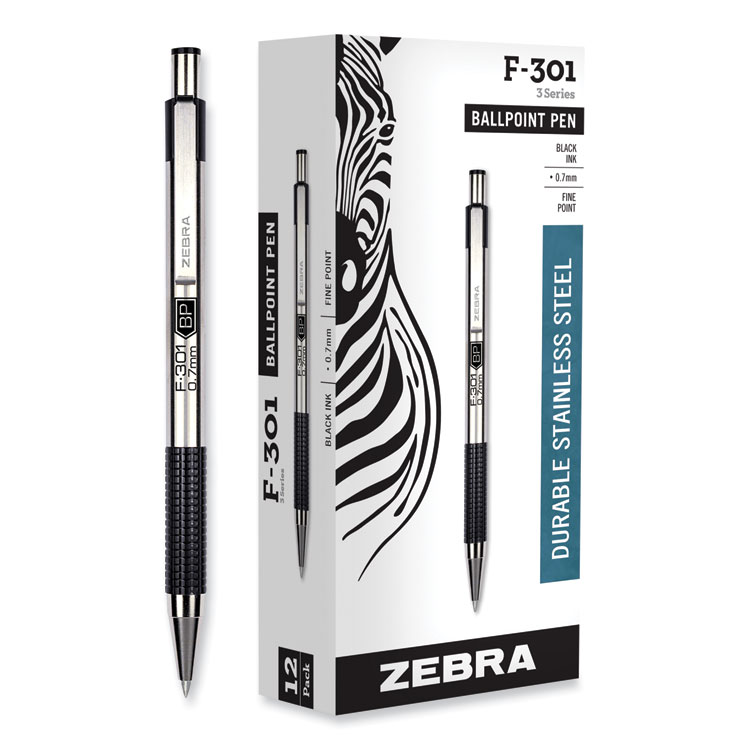 Zebra F-301 Ballpoint Pen, Retractable, Fine 0.7 mm, Black Ink, Stainless Steel/Black Barrel, Dozen (ZEB27110)
