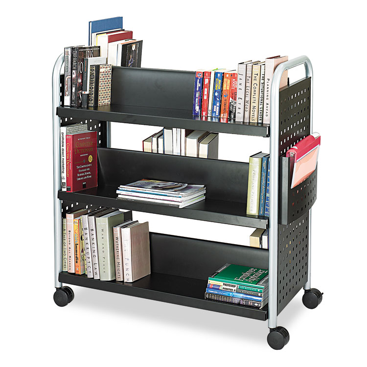 Safco Scoot Double-Sided Book Cart, Metal, 6 Shelves, 1 Bin, 41.25" x 17.75" x 41.25", Black (SAF5335BL)