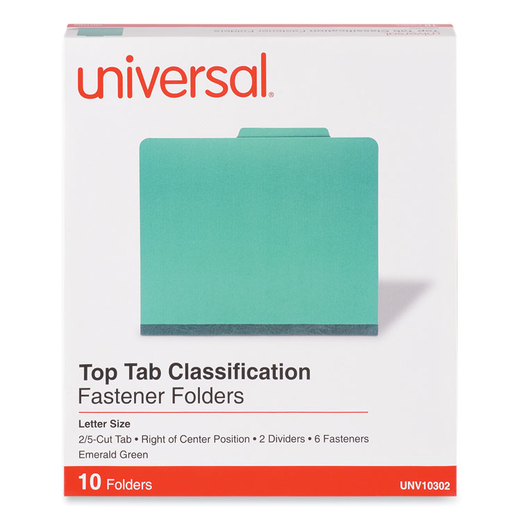 Universal Bright Colored Pressboard Classification Folders, 2" Expansion, 2 Dividers, 6 Fasteners, Letter Size, Emerald Green, 10/Box (UNV10302)