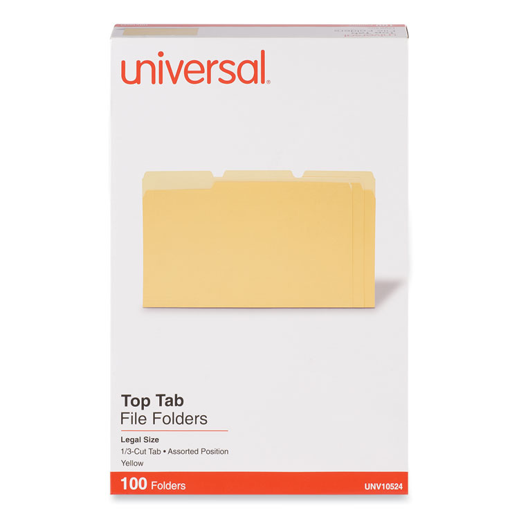 Universal Deluxe Colored Top Tab File Folders, 1/3-Cut Tabs: Assorted, Legal Size, Yellow/Light Yellow, 100/Box (UNV10524)