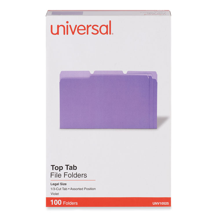 Universal Deluxe Colored Top Tab File Folders, 1/3-Cut Tabs: Assorted, Legal Size, Violet/Light Violet, 100/Box (UNV10525)