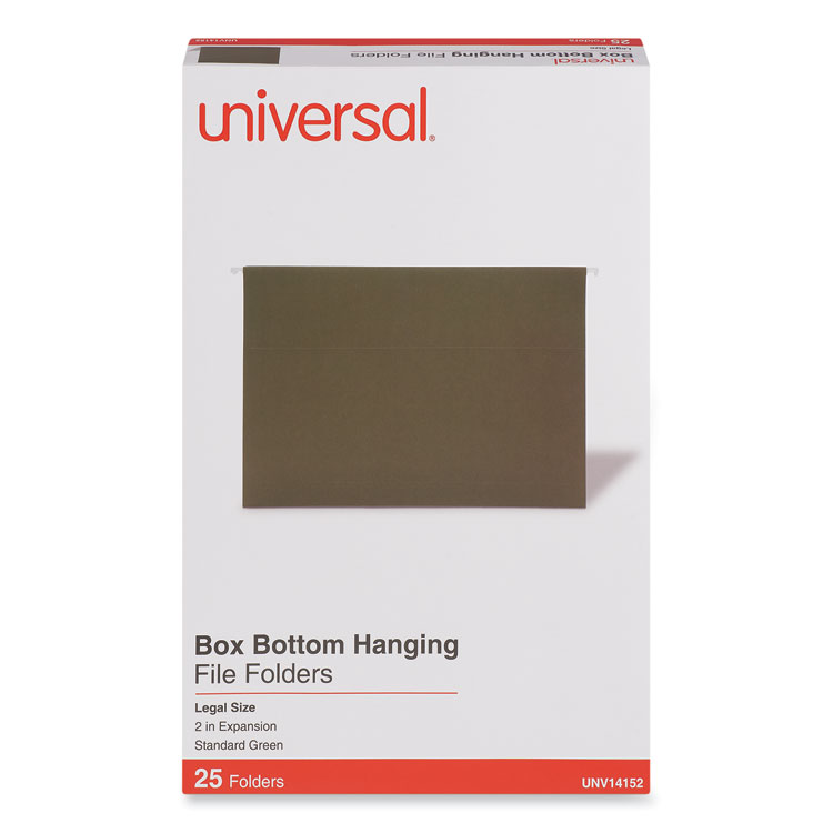 Universal Box Bottom Hanging File Folders, 2" Capacity, Legal Size, 1/5-Cut Tabs, Standard Green, 25/Box (UNV14152)