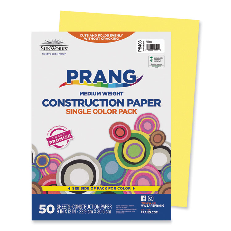 Prang SunWorks Construction Paper, 50 lb Text Weight, 9 x 12, Yellow, 50/Pack (PAC8403)