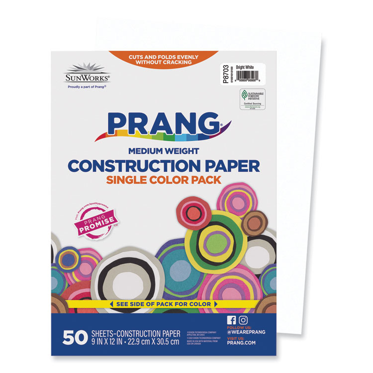 Prang SunWorks Construction Paper, 50 lb Text Weight, 9 x 12, Bright White, 50/Pack (PAC8703)