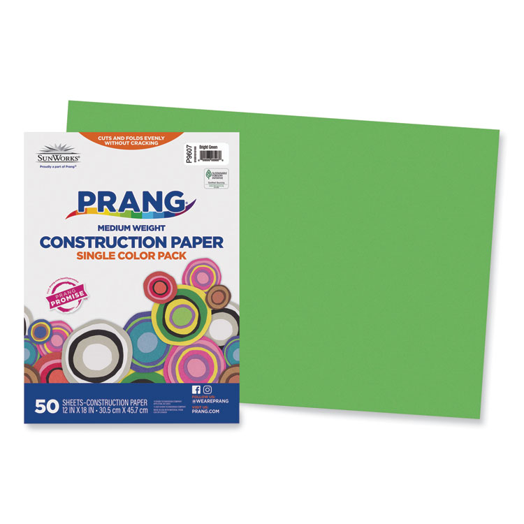 Prang SunWorks Construction Paper, 50 lb Text Weight, 12 x 18, Bright Green, 50/Pack (PAC9607)
