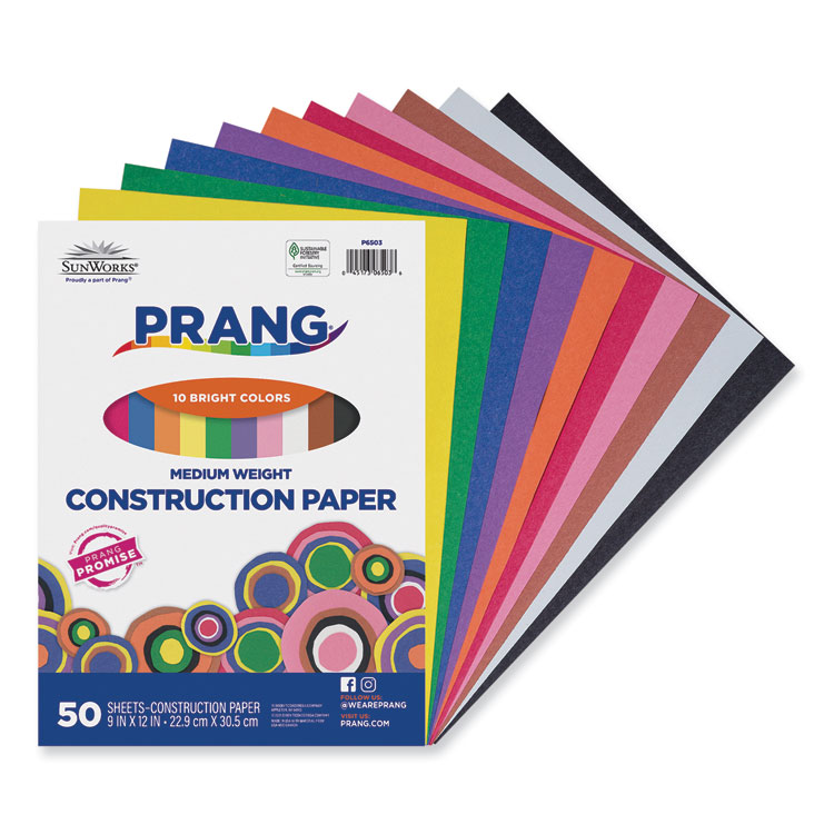 Prang SunWorks Construction Paper, 50 lb Text Weight, 9 x 12, Assorted, 50/Pack (PAC6503)