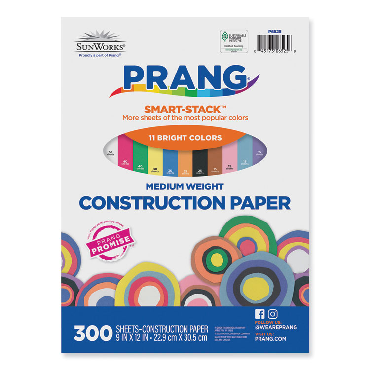 Prang SunWorks Construction Paper Smart-Stack, 50 lb Text Weight, 9 x 12, Assorted, 300/Pack (PAC6525)