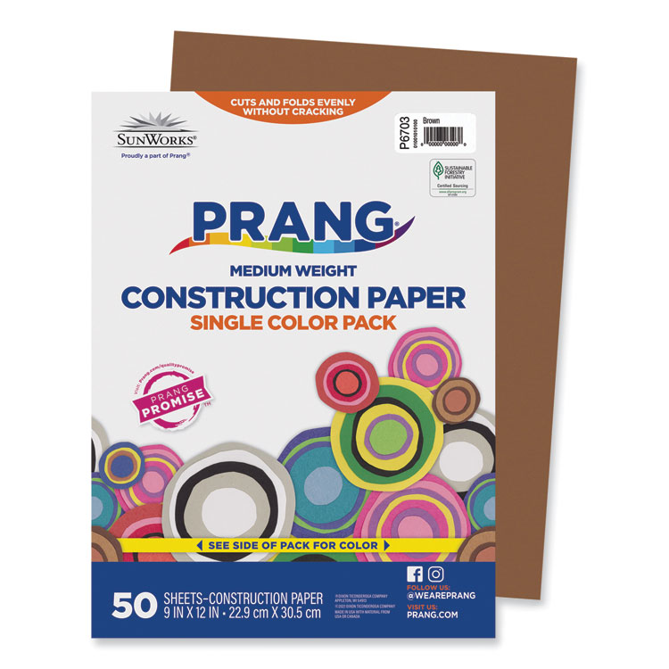 Prang SunWorks Construction Paper, 58 lb Text Weight, 9 x 12, Brown, 50/Pack (PAC6703)