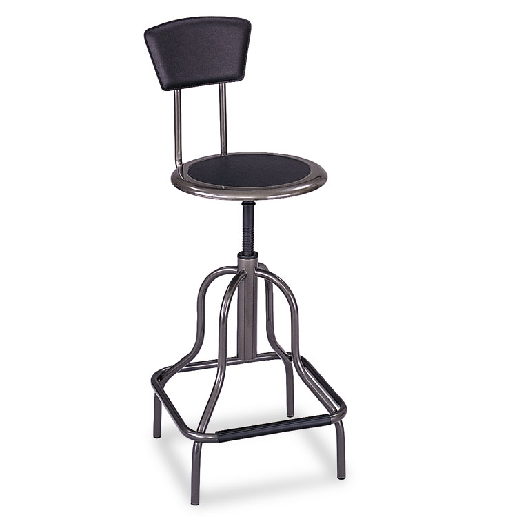 Safco Diesel Industrial Stool with Back, Supports Up to 250 lb, 22" to 27" Seat Height, Black Seat/Back, Pewter Base (SAF6664)