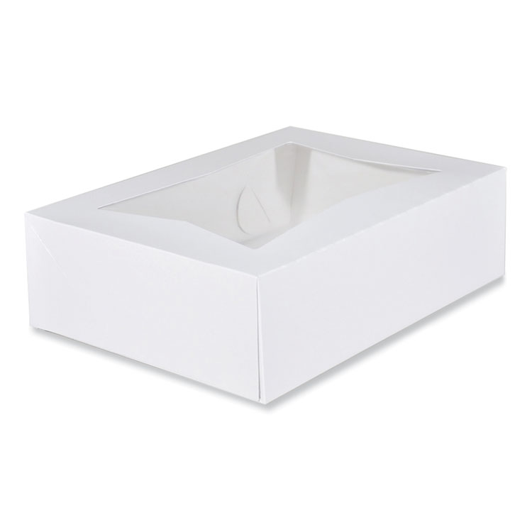 SCT White Window Bakery Boxes with Attached Flip Top, 4-Corner Beers Design, 14 x 10 x 4, White, Paper, 100/Carton (SCH24263)