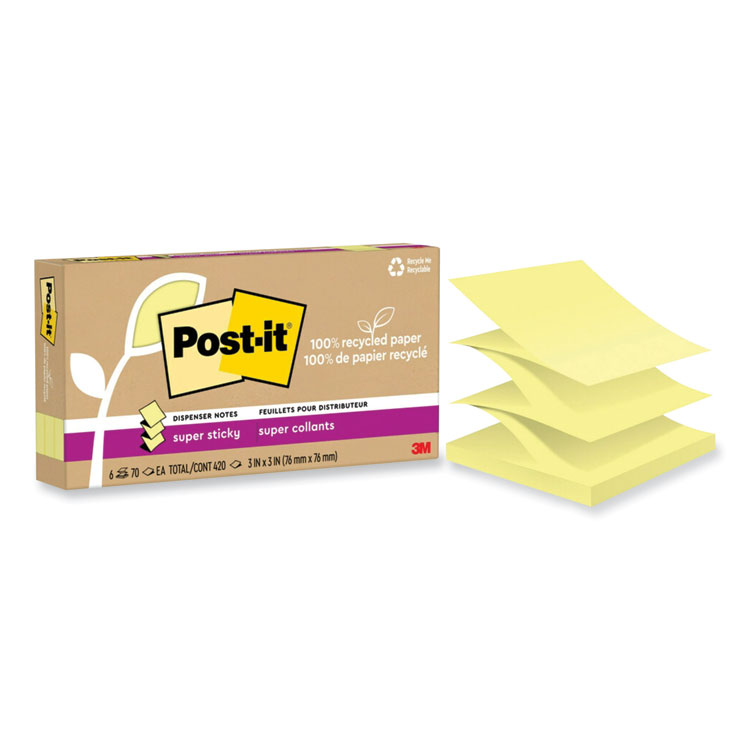 Post-it Notes Super Sticky 100% Recycled Paper Super Sticky Notes, 3" x 3", Canary Yellow, 70 Sheets/Pad, 6 Pads/Pack (MMMR330R6SSCY)
