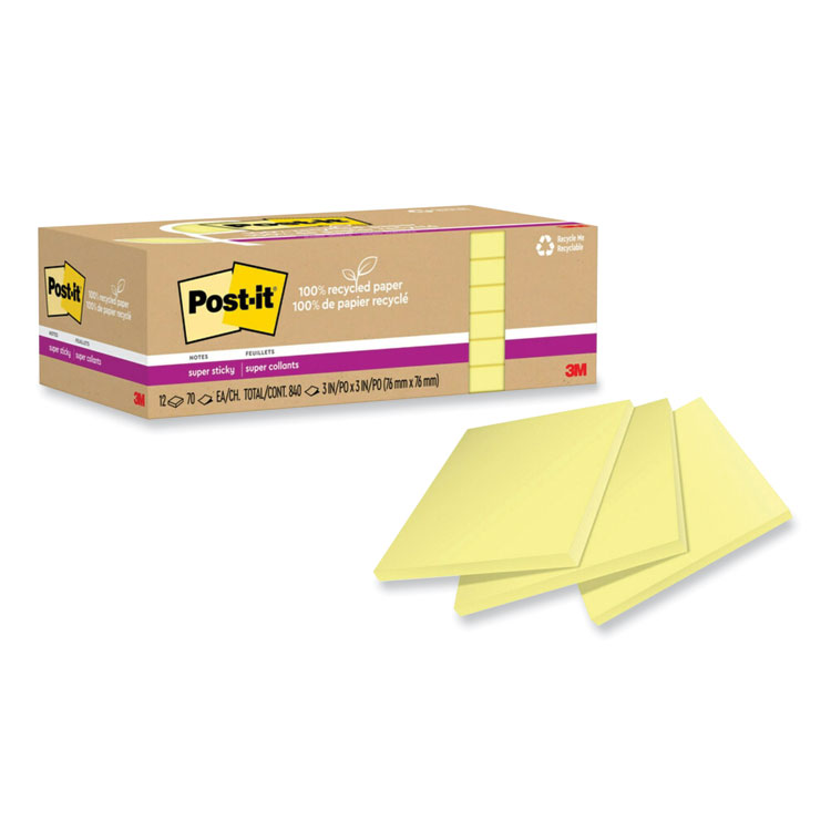 Post-it Notes Super Sticky 100% Recycled Paper Super Sticky Notes, 3" x 3", Canary Yelow, 70 Sheets/Pad, 12 Pads/Pack (MMM654R12SSCY)
