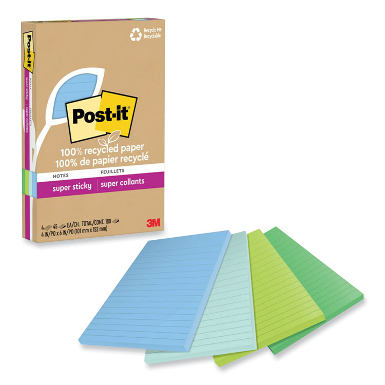 Post-it Notes Super Sticky 100% Recycled Paper Super Sticky Notes, Ruled, 4" x 6", Oasis, 45 Sheets/Pad, 4 Pads/Pack (MMM4621R4SST)