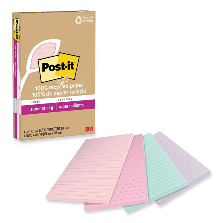 Post-it Notes Super Sticky 100% Recycled Paper Super Sticky Notes, Ruled, 4" x 6", Wanderlust Pastels, 45 Sheets/Pad, 4 Pads/Pack (MMM4621R4SSNRP)