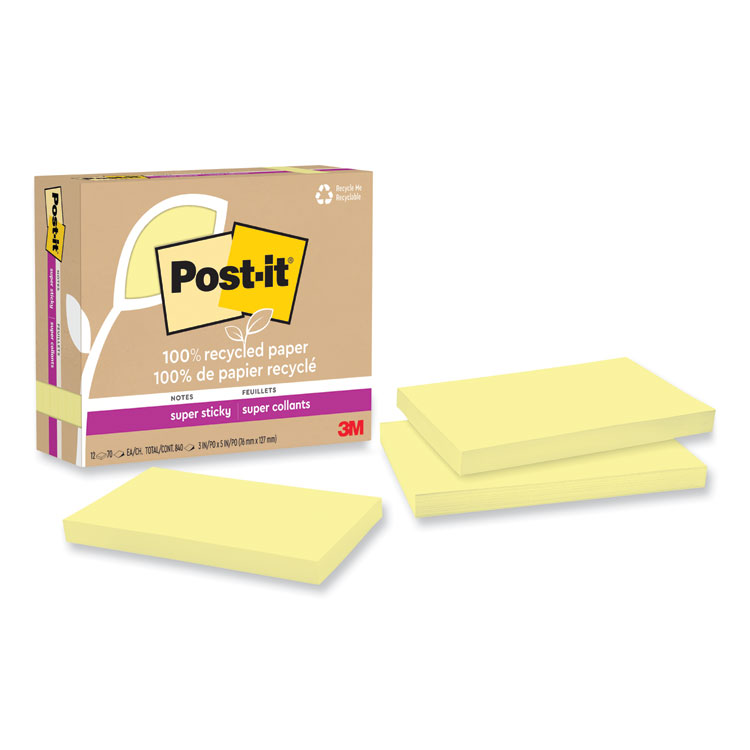 Post-it Notes Super Sticky 100% Recycled Paper Super Sticky Notes, 3" x 5", Canary Yellow, 70 Sheets/Pad, 12 Pads/Pack (MMM655R12SSCY)