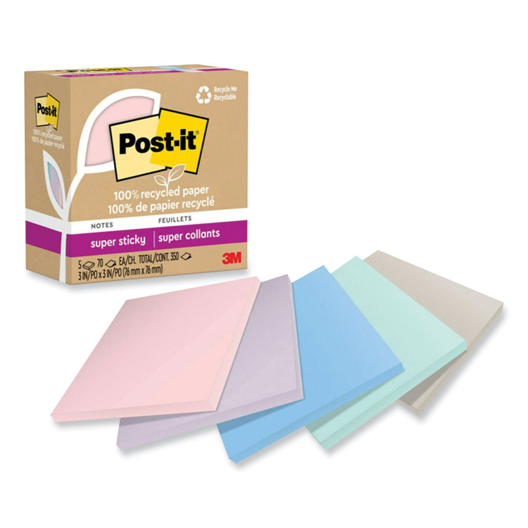 Post-it Notes Super Sticky 100% Recycled Paper Super Sticky Notes, 3" x 3", Wanderlust Pastels, 70 Sheets/Pad, 5 Pads/Pack (MMM654R5SSNRP)