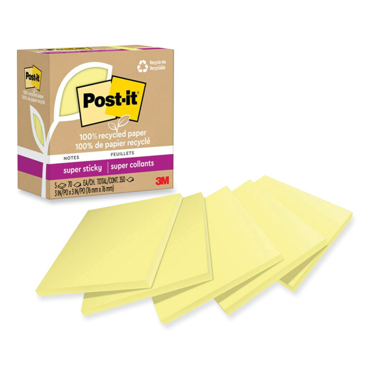 Post-it Notes Super Sticky 100% Recycled Paper Super Sticky Notes, 3" x 3", Canary Yellow, 70 Sheets/Pad, 5 Pads/Pack (MMM654R5SSCY)