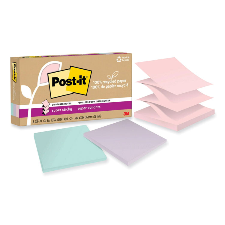 Post-it Notes Super Sticky 100% Recycled Paper Super Sticky Notes, 3" x 3", Wanderlust Pastels, 70 Sheets/Pad, 6 Pads/Pack (MMMR330R6SSNRP)