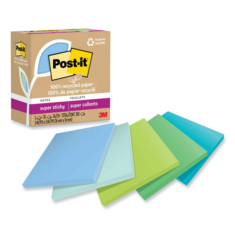 Post-it Notes Super Sticky 100% Recycled Paper Super Sticky Notes, 3" x 3", Oasis, 70 Sheets/Pad, 5 Pads/Pack (MMM654R5SST)