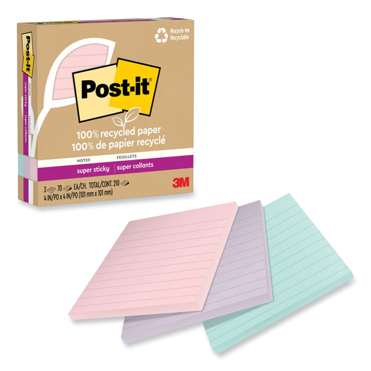 Post-it Notes Super Sticky 100% Recycled Paper Super Sticky Notes, Ruled, 4" x 4", Wanderlust Pastels, 70 Sheets/Pad, 3 Pads/Pack (MMM675R3SSNRP)