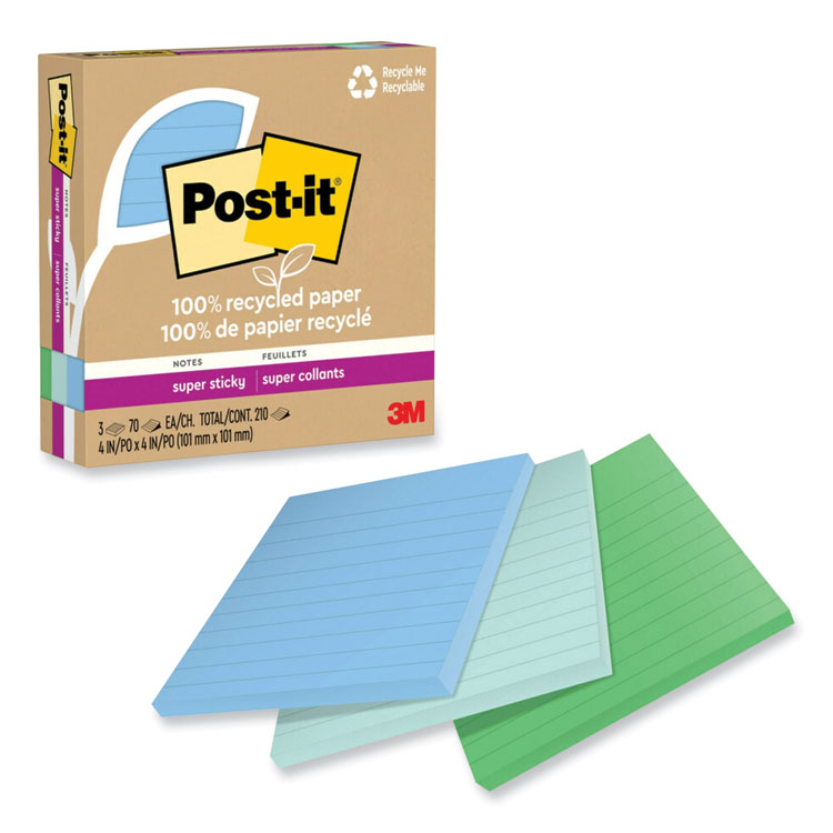 Post-it Notes Super Sticky 100% Recycled Paper Super Sticky Notes, Ruled, 4" x 4", Oasis, 70 Sheets/Pad, 3 Pads/Pack (MMM675R3SST)