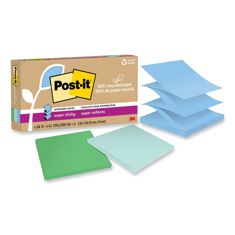 Post-it Notes Super Sticky 100% Recycled Paper Super Sticky Notes, 3" x 3", Oasis, 70 Sheets/Pad, 6 Pads/Pack (MMMR330R6SST)