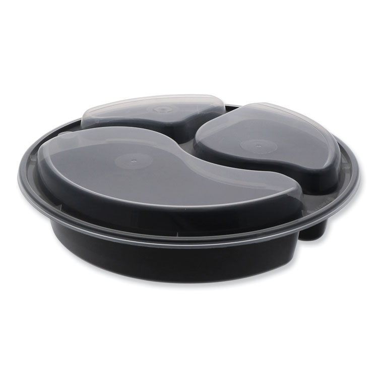 Pactiv Evergreen Newspring VERSAtainer Microwavable Containers, Round, 3 Compartments, 39 oz, 9 x 9 x 2.25, Black/Clear, Plastic, 150/Carton (PCTNC9388B)