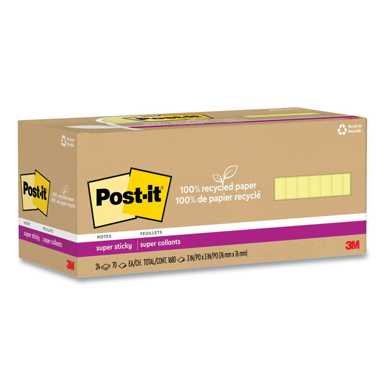 Post-it Notes Super Sticky 100% Recycled Paper Super Sticky Notes, 3" x 3", Canary Yellow, 70 Sheets/Pad, 24 Pads/Pack (MMM654R24SSCYCP)