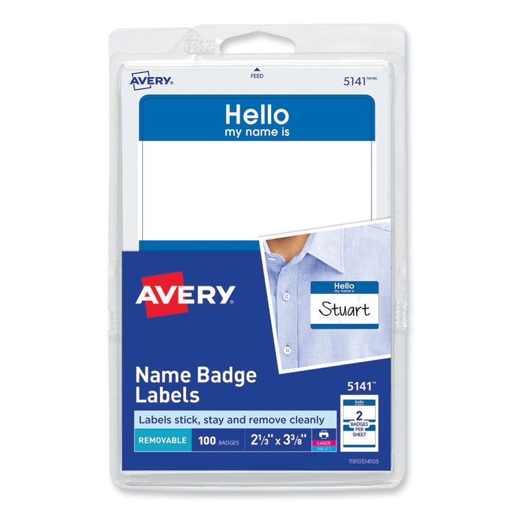 Avery Printable Adhesive Name Badges, 3.38 x 2.33, Blue "Hello", 100/Pack (AVE5141)