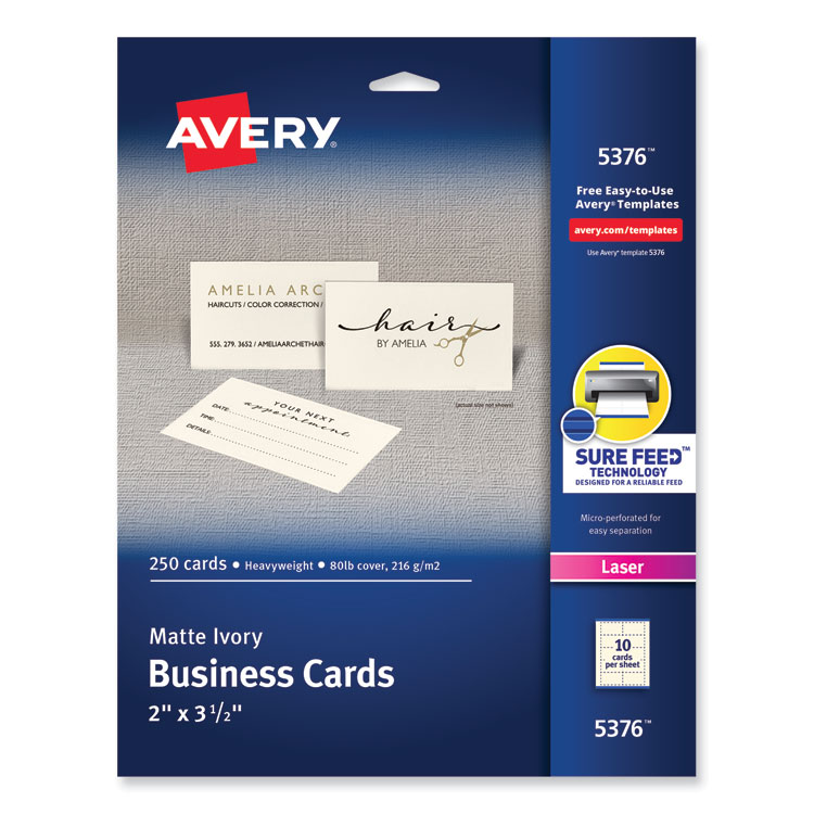 Avery Printable Microperforated Business Cards with Sure Feed Technology, Laser, 2 x 3.5, Ivory, 10/Sheet, 25 Sheets/Pack (AVE5376)