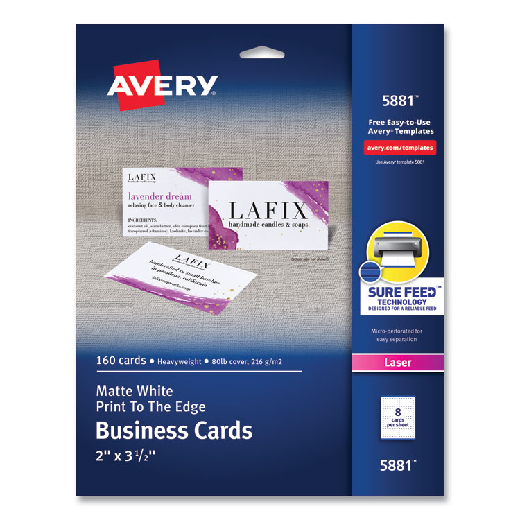 Avery Print-to-the-Edge Microperforated Business Cards with Sure Feed Technology, Laser, 2 x 3.5, White, 8/Sheet, 20 Sheets/Pack (AVE5881)