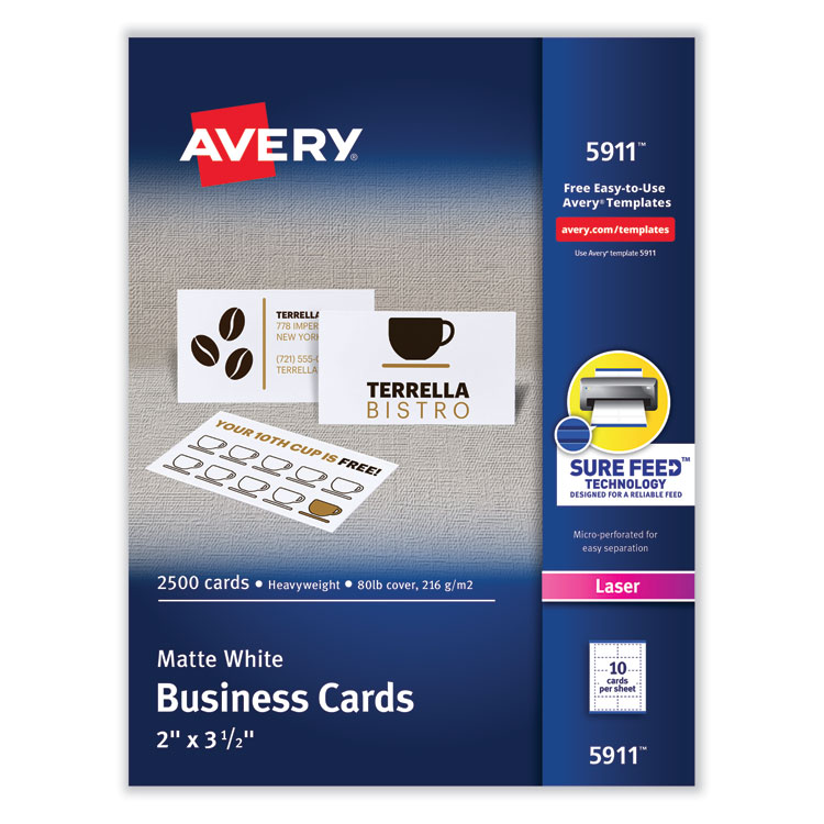 Avery Printable Microperforated Business Cards with Sure Feed Technology, Laser, 2 x 3.5, White, 10/Sheet, 250 Sheets/Box (AVE5911)