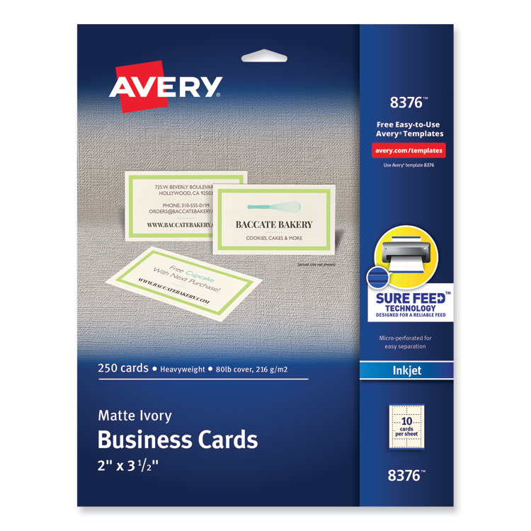Avery Printable Microperforated Business Cards with Sure Feed Technology, Inkjet, 2 x 3.5, Ivory, 10/Sheet, 25 Sheets/Pack (AVE8376)