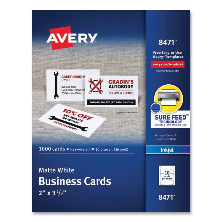 Avery Printable Microperforated Business Cards with Sure Feed Technology, Inkjet, 2 x 3.5, White, 10/Sheet, 100 Sheets/Bx (AVE8471)