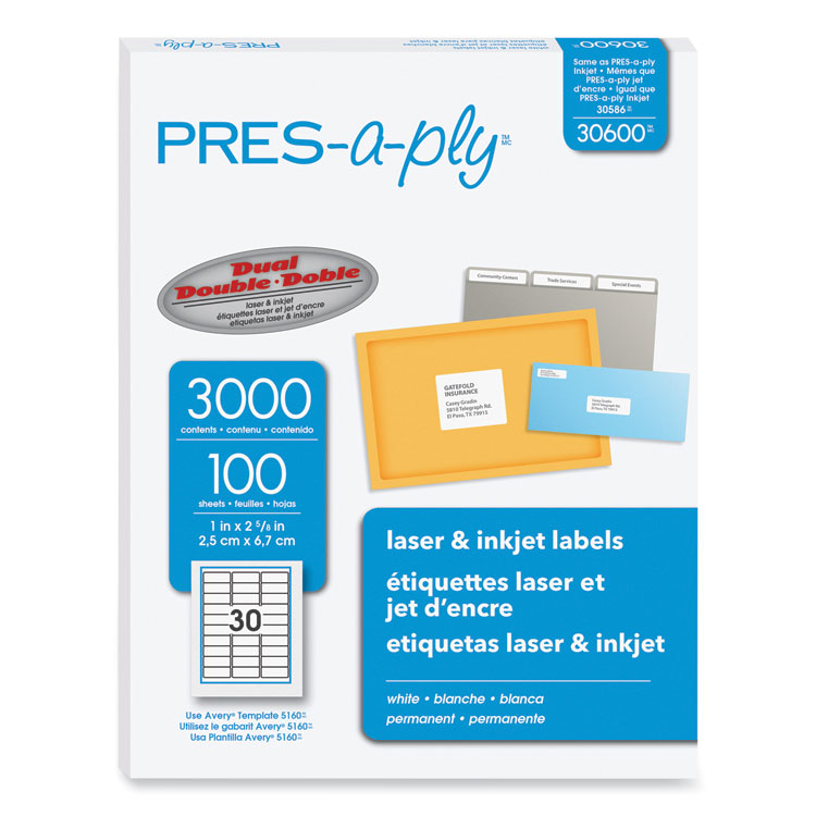 PRES-a-ply Labels, Laser Printers, 1 x 2.63, White, 30/Sheet, 100 Sheets/Box (AVE30600)