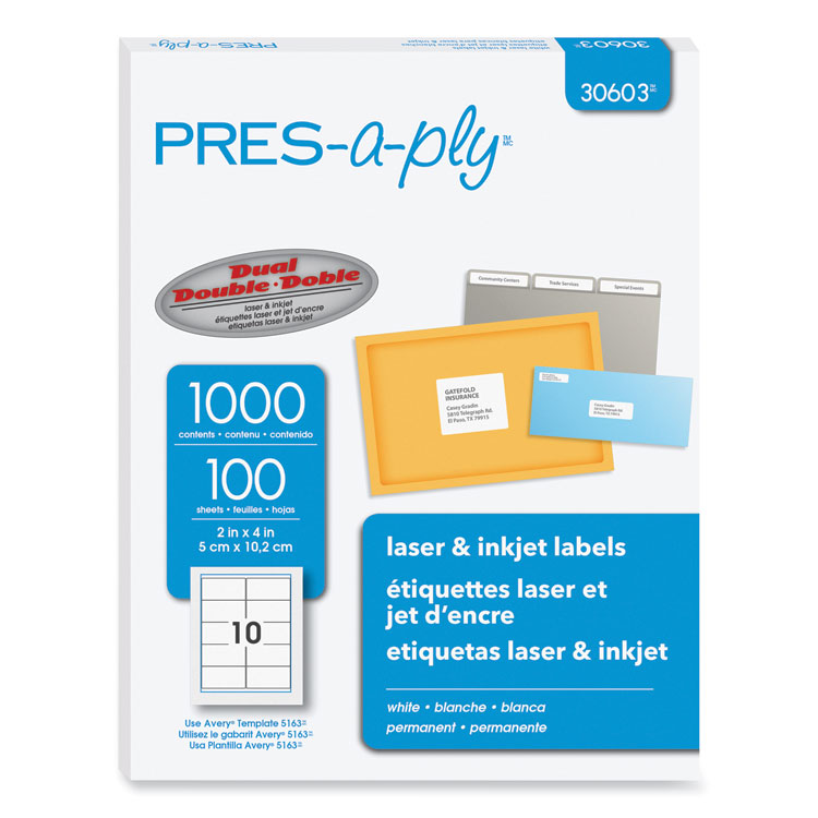 PRES-a-ply Labels, Laser Printers, 2 x 4, White, 10/Sheet, 100 Sheets/Box (AVE30603)