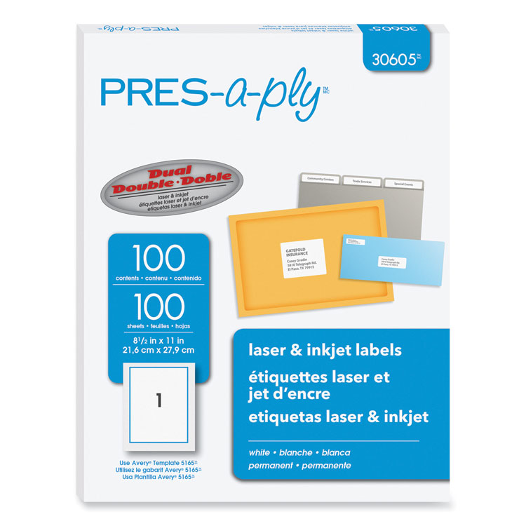 PRES-a-ply Labels, Laser Printers, 8.5 x 11, White, 100/Box (AVE30605)