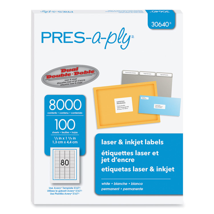 PRES-a-ply Labels, Inkjet/Laser Printers, 0.5 x 1.75, White, 80/Sheet, 100 Sheets/Pack (AVE30640)