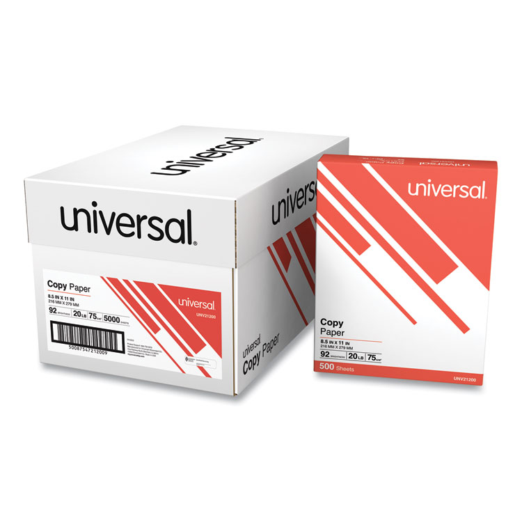 Universal Copy Paper, 92 Bright, 20 lb Bond Weight, 8.5 x 11, White, 500 Sheets/Ream, 10 Reams/Carton (UNV21200)