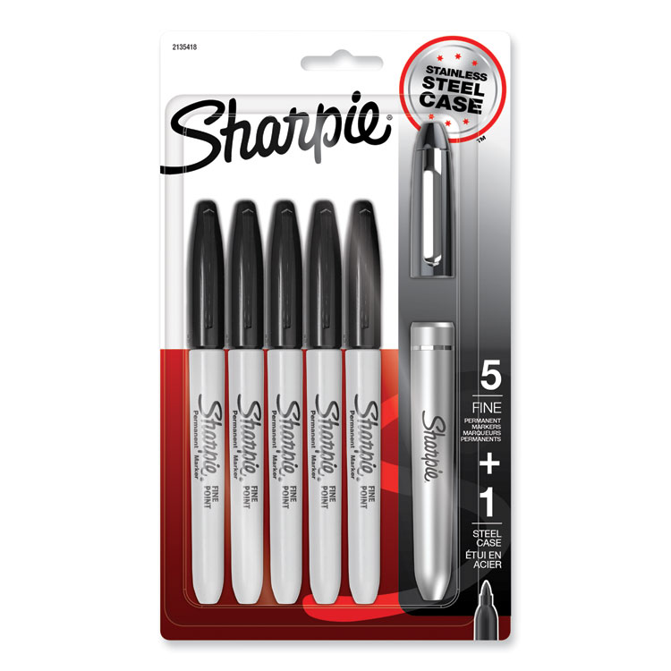 Sharpie Fine Tip Permanent Marker, Stainless Steel Single Marker Case, Fine Bullet Tip, Black, 5/Pack (SAN2135418)