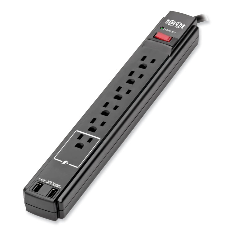 Tripp Lite by Eaton Protect It! Surge Protector, 6 AC Outlets/2 USB Ports, 6 ft Cord, 990 J, Black (TRPTLP606USBB)